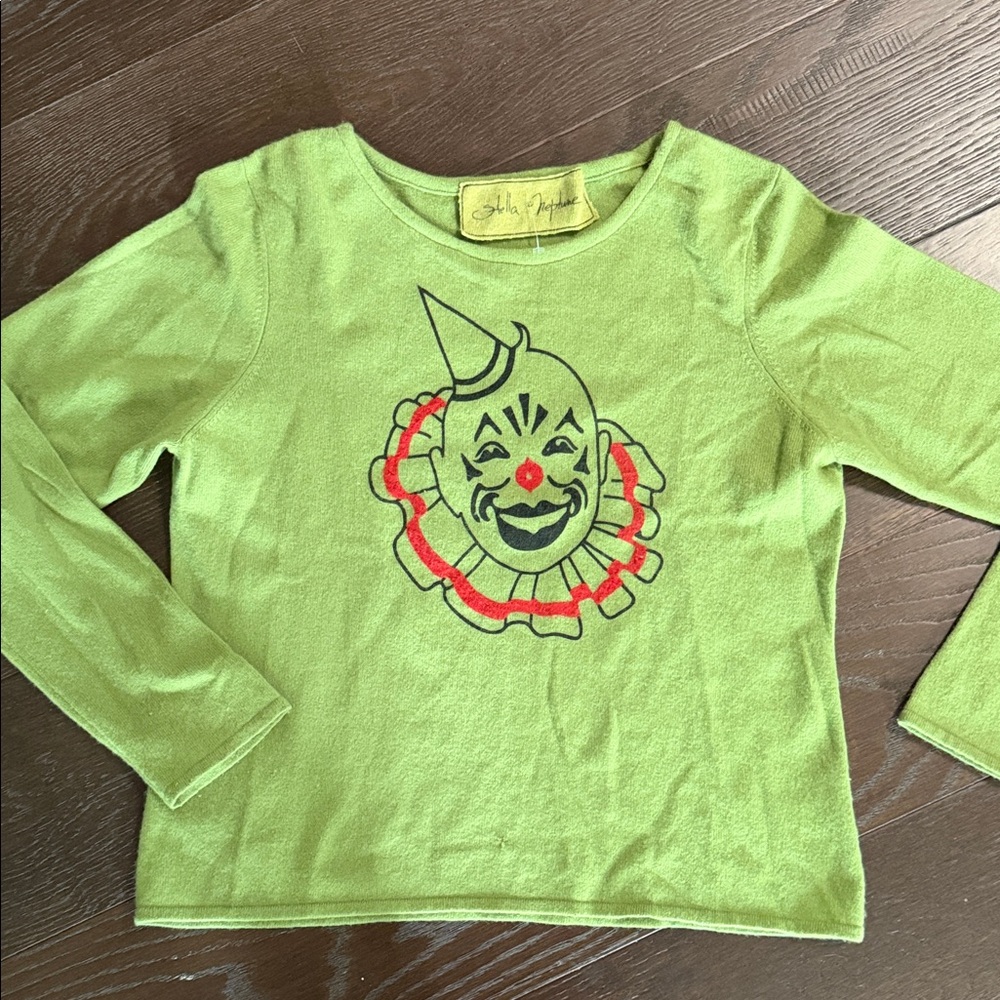 Bright Lime Green Crewneck Sweater with Clown Graphic 💯 cashmere